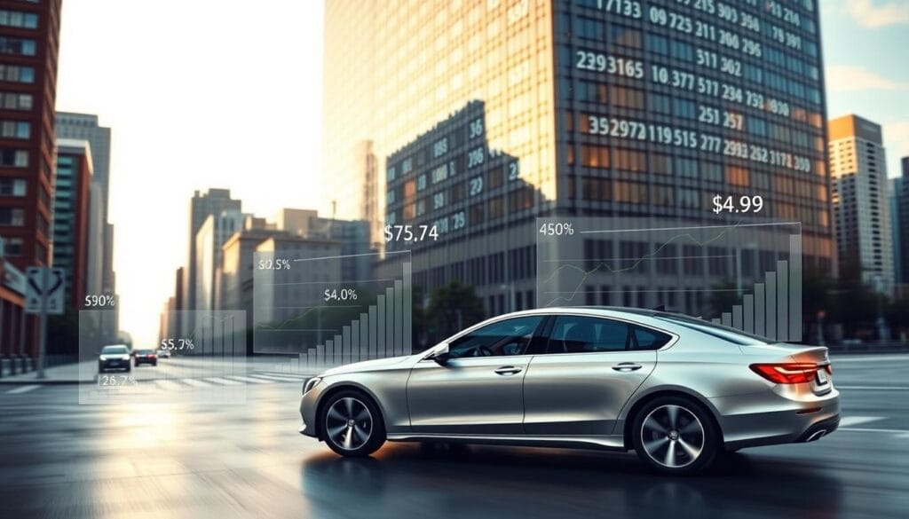 A dynamic cityscape with a towering financial building in the background, its facade adorned with numerals representing credit scores. In the foreground, a sleek, modern car takes center stage, its exterior gleaming under the soft, warm lighting. Surrounding the car, a series of translucent charts and graphs illustrate the relationship between credit scores and car insurance rates, highlighting the impact of one's financial standing on the cost of automotive coverage. The scene conveys a sense of financial interconnectedness, where personal finance and transportation intersect, guiding the viewer's understanding of how credit can shape the expenses associated with vehicle ownership. A dynamic cityscape with a towering financial building in the background, its facade adorned with numerals representing credit scores. In the foreground, a sleek, modern car takes center stage, its exterior gleaming under the soft, warm lighting. Surrounding the car, a series of translucent charts and graphs illustrate the relationship between credit scores and car insurance rates, highlighting the impact of one's financial standing on the cost of automotive coverage. The scene conveys a sense of financial interconnectedness, where personal finance and transportation intersect, guiding the viewer's understanding of how credit can shape the expenses associated with vehicle ownership.