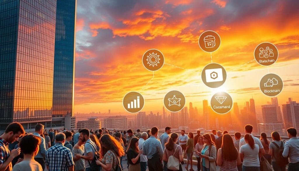 A dynamic cityscape with a towering skyscraper, its glass facade reflecting the vibrant colors of the sunset. In the foreground, a diverse array of people interacting with their smartphones, immersed in insurance-related apps and services. The middle ground showcases innovative technologies such as AI-powered chatbots, blockchain-based policies, and on-demand coverage options. In the background, a panoramic view of the city's skyline, symbolizing the vast potential of the insurance tech revolution. The scene is bathed in a warm, golden light, conveying a sense of progress and optimism. The overall atmosphere evokes a seamless integration of technology and insurance, transforming the industry and empowering consumers.