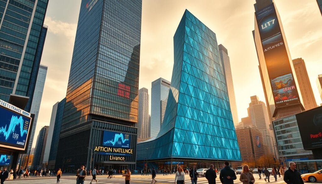 A dynamic cityscape with towering skyscrapers, their facades adorned with digital screens and holographic projections. In the foreground, a sleek, angular building stands as the centerpiece, its exterior composed of interlocking panels that shift and reconfigure, symbolizing the fluid, adaptable nature of modern finance. In the middle ground, pedestrians navigate the bustling streets, their mobile devices and wearable tech seamlessly integrated with the surrounding infrastructure. The sky is bathed in a warm, golden glow, conveying a sense of progress and innovation. The lighting is crisp and directional, casting dramatic shadows that accentuate the architectural forms. The camera angle is slightly elevated, providing a sweeping, bird's-eye view that captures the scale and dynamism of this reimagined financial district.