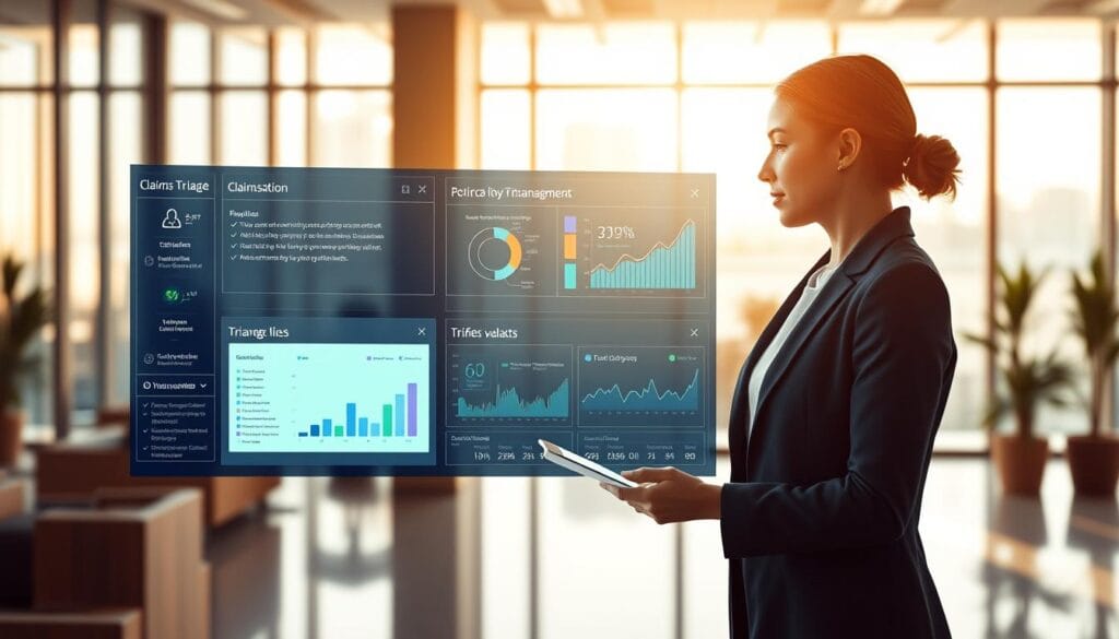 A dynamic claims triage process unfolds, with an AI-powered digital assistant guiding the user through a streamlined workflow. In the foreground, a woman in a business attire interacts with a sleek, minimalist interface, effortlessly navigating through claim details and triaging options. The middle ground showcases a data visualization dashboard, highlighting key metrics and insights that inform the triage decision-making. In the background, a serene office setting with floor-to-ceiling windows casts a warm, natural lighting, creating a sense of efficiency and professionalism. The overall mood is one of seamless integration, where technology and human expertise converge to deliver a streamlined claims management experience.