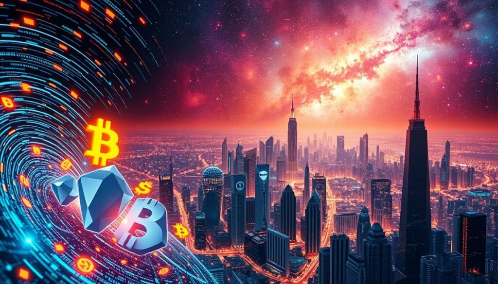 A dynamic futuristic cityscape against a vibrant cosmic backdrop. In the foreground, sleek cryptocurrency icons and symbols emerge from a swirling vortex of data, their neon facets gleaming with untapped potential. The middle ground features a sprawling metropolis of cutting-edge architecture, its towers and spires echoing the digital forms in the foreground. In the distance, a panorama of stars and nebulae set the stage for this vision of revolutionary financial technologies on the cusp of mainstream adoption. Crisp, high-contrast lighting accentuates the scene, creating a sense of energy and innovation. Warm hues and a sense of depth draw the viewer into this captivating glimpse of cryptocurrencies' transformative future. A dynamic futuristic cityscape against a vibrant cosmic backdrop. In the foreground, sleek cryptocurrency icons and symbols emerge from a swirling vortex of data, their neon facets gleaming with untapped potential. The middle ground features a sprawling metropolis of cutting-edge architecture, its towers and spires echoing the digital forms in the foreground. In the distance, a panorama of stars and nebulae set the stage for this vision of revolutionary financial technologies on the cusp of mainstream adoption. Crisp, high-contrast lighting accentuates the scene, creating a sense of energy and innovation. Warm hues and a sense of depth draw the viewer into this captivating glimpse of cryptocurrencies' transformative future.