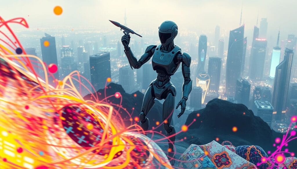 A dynamic, futuristic scene depicting the evolution of AI art. In the foreground, a kaleidoscopic array of abstract, generative art pieces swirl and morph, showcasing the ever-changing nature of AI-powered creativity. In the middle ground, a towering, metallic AI "artist" construct stands, its mechanical limbs manipulating digital brushstrokes with precision. The background is a vibrant, neon-tinged cityscape, hinting at the integration of AI art into the urban landscape. Diffused lighting casts an ethereal glow, while the composition suggests a sense of momentum and progress, capturing the rapid advancements in the field of AI-generated art. A dynamic, futuristic scene depicting the evolution of AI art. In the foreground, a kaleidoscopic array of abstract, generative art pieces swirl and morph, showcasing the ever-changing nature of AI-powered creativity. In the middle ground, a towering, metallic AI "artist" construct stands, its mechanical limbs manipulating digital brushstrokes with precision. The background is a vibrant, neon-tinged cityscape, hinting at the integration of AI art into the urban landscape. Diffused lighting casts an ethereal glow, while the composition suggests a sense of momentum and progress, capturing the rapid advancements in the field of AI-generated art.