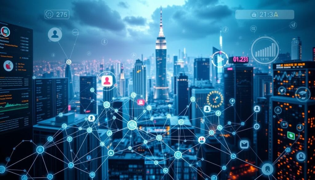 A dynamic, multimedia-rich social media interface with sleek, customizable dashboards and analytics tools. In the foreground, a futuristic-looking AI algorithm network visualized as a tangled web of interconnected nodes and data streams. In the middle ground, a collage of social media platform logos and user engagement metrics, all seamlessly integrated. In the background, a vibrant cityscape with skyscrapers and blinking server towers, conveying the scale and complexity of modern digital marketing. The scene is illuminated by cool, neon-tinged lighting, creating an atmosphere of high-tech sophistication and the power of AI-driven social optimization.