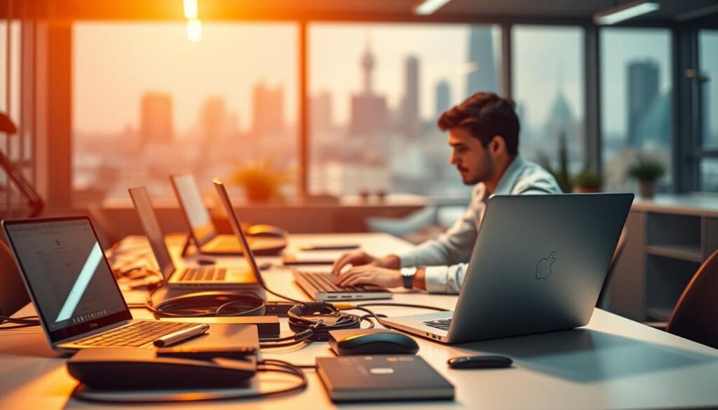 A dynamic office setting, bathed in warm, focused lighting. In the foreground, an array of AI-powered content creation tools are neatly arranged - sleek laptops, tablets, and high-tech peripherals. The middle ground features a focused writer, hands poised on a keyboard, seamlessly integrating these cutting-edge tools into their creative process. In the background, a blurred city skyline, suggesting the scale and potential of AI-driven content production. The overall atmosphere conveys a sense of innovation, efficiency, and the seamless merger of human creativity and technological prowess.