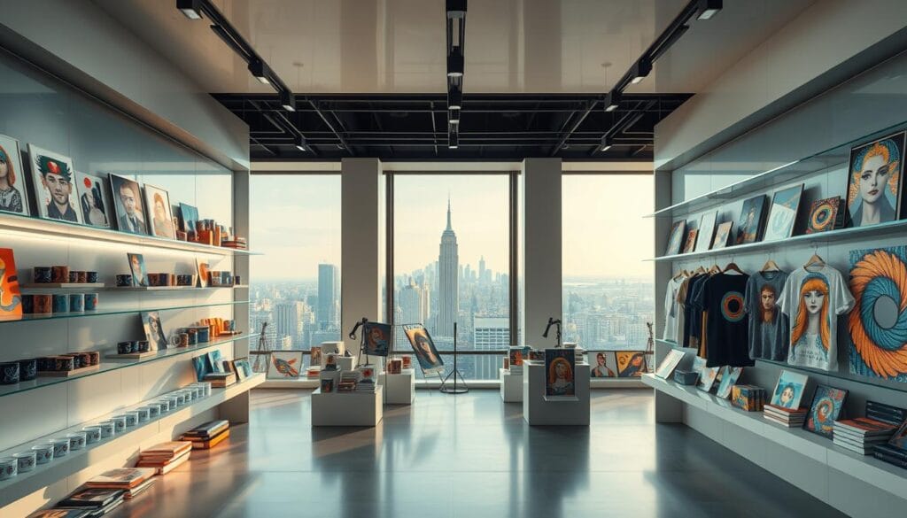 A dynamic storefront display showcasing a wide range of AI-generated art merchandise, including mugs, t-shirts, prints, and posters. The foreground features an array of products artfully arranged on sleek, modern shelves, with bold, colorful artworks adorning each item. The middle ground depicts a well-lit, minimalist interior with large windows allowing natural light to flood the space, creating a warm and inviting atmosphere. In the background, a cityscape skyline is visible, suggesting an urban, commercial setting. The overall scene conveys a sense of cutting-edge innovation, creativity, and a compelling visual aesthetic, enticing potential customers to explore the AI art offerings. A dynamic storefront display showcasing a wide range of AI-generated art merchandise, including mugs, t-shirts, prints, and posters. The foreground features an array of products artfully arranged on sleek, modern shelves, with bold, colorful artworks adorning each item. The middle ground depicts a well-lit, minimalist interior with large windows allowing natural light to flood the space, creating a warm and inviting atmosphere. In the background, a cityscape skyline is visible, suggesting an urban, commercial setting. The overall scene conveys a sense of cutting-edge innovation, creativity, and a compelling visual aesthetic, enticing potential customers to explore the AI art offerings.