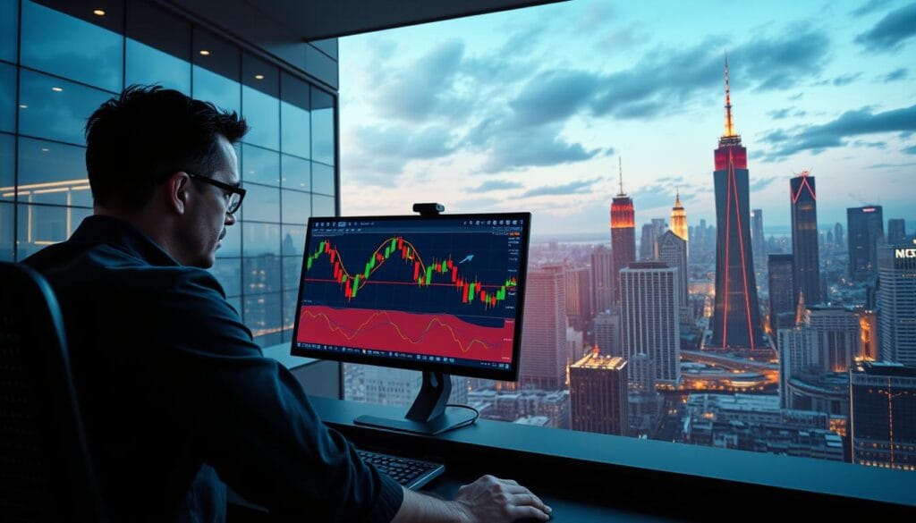 A dynamic trading scene depicting the essence of swing trading. In the foreground, a seasoned trader intently monitors their dual-screen setup, making decisive moves as candlestick patterns unfold. The middle ground showcases a stylized representation of market trends, with undulating lines and vibrant color gradients symbolizing the ebb and flow of short-term price movements. In the background, a seamless blend of modern architectural elements and a bustling urban cityscape sets the stage, hinting at the global interconnectedness of the financial markets. The composition is illuminated by a combination of natural daylight and the warm glow of digital displays, creating a sense of energy and intensity. The overall mood conveys the thrilling yet disciplined nature of swing trading, where agility and market awareness are key to capitalizing on short-term trends. A dynamic trading scene depicting the essence of swing trading. In the foreground, a seasoned trader intently monitors their dual-screen setup, making decisive moves as candlestick patterns unfold. The middle ground showcases a stylized representation of market trends, with undulating lines and vibrant color gradients symbolizing the ebb and flow of short-term price movements. In the background, a seamless blend of modern architectural elements and a bustling urban cityscape sets the stage, hinting at the global interconnectedness of the financial markets. The composition is illuminated by a combination of natural daylight and the warm glow of digital displays, creating a sense of energy and intensity. The overall mood conveys the thrilling yet disciplined nature of swing trading, where agility and market awareness are key to capitalizing on short-term trends.