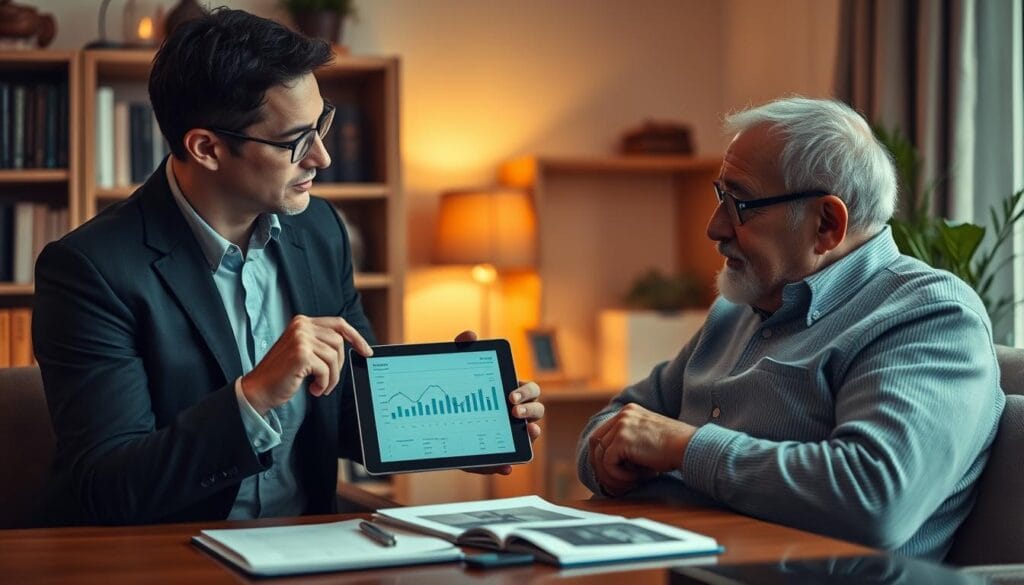 A financial advisor meticulously evaluates various annuity options against a retiree's personal goals and risk profile. The scene is set in a cozy home office, with warm lighting and a sense of thoughtful concentration. The advisor gestures towards a tablet displaying financial data, while the retiree listens intently, considering the implications. In the background, a bookshelf and potted plant create a professional yet inviting atmosphere. The overall mood conveys the gravity of the decision and the advisor's commitment to guiding the client towards the most suitable annuity for their retirement. A financial advisor meticulously evaluates various annuity options against a retiree's personal goals and risk profile. The scene is set in a cozy home office, with warm lighting and a sense of thoughtful concentration. The advisor gestures towards a tablet displaying financial data, while the retiree listens intently, considering the implications. In the background, a bookshelf and potted plant create a professional yet inviting atmosphere. The overall mood conveys the gravity of the decision and the advisor's commitment to guiding the client towards the most suitable annuity for their retirement.
