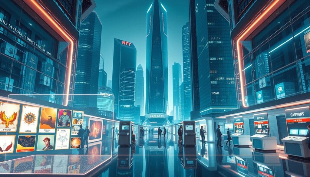 A futuristic NFT marketplace set in a sleek, ultramodern cityscape. In the foreground, a holographic display showcases various NFT artworks, each with a unique digital signature. The middle ground features streamlined kiosks and terminals where users can browse, buy, and sell NFTs using cutting-edge blockchain technology. In the background, towering skyscrapers with seamless glass facades reflect the dynamic digital landscape, creating a sense of technological integration and innovation. Soft, ambient lighting casts a warm glow, evoking a sense of excitement and opportunity in the world of NFT investment. A futuristic NFT marketplace set in a sleek, ultramodern cityscape. In the foreground, a holographic display showcases various NFT artworks, each with a unique digital signature. The middle ground features streamlined kiosks and terminals where users can browse, buy, and sell NFTs using cutting-edge blockchain technology. In the background, towering skyscrapers with seamless glass facades reflect the dynamic digital landscape, creating a sense of technological integration and innovation. Soft, ambient lighting casts a warm glow, evoking a sense of excitement and opportunity in the world of NFT investment.