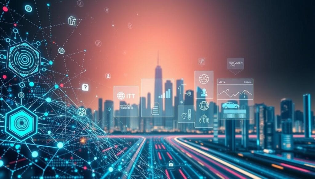 A futuristic and dynamic visual representation of key insurtech trends shaping the insurance industry in 2025. In the foreground, there is a striking mosaic of cutting-edge technologies such as AI algorithms, blockchain networks, and IoT sensors, all interconnected and pulsing with energy. In the middle ground, holographic projections showcase innovative insurance products and services, from personalized risk management to automated claims processing. In the background, a sleek, minimalist cityscape serves as the backdrop, hinting at the integration of these transformative technologies into the urban landscape. The lighting is a mix of cool, neon tones and warm, diffused illumination, creating a sense of technological sophistication and progress. The overall composition conveys a sense of the rapid evolution and seamless integration of insurtech within the insurance industry. A futuristic and dynamic visual representation of key insurtech trends shaping the insurance industry in 2025. In the foreground, there is a striking mosaic of cutting-edge technologies such as AI algorithms, blockchain networks, and IoT sensors, all interconnected and pulsing with energy. In the middle ground, holographic projections showcase innovative insurance products and services, from personalized risk management to automated claims processing. In the background, a sleek, minimalist cityscape serves as the backdrop, hinting at the integration of these transformative technologies into the urban landscape. The lighting is a mix of cool, neon tones and warm, diffused illumination, creating a sense of technological sophistication and progress. The overall composition conveys a sense of the rapid evolution and seamless integration of insurtech within the insurance industry.