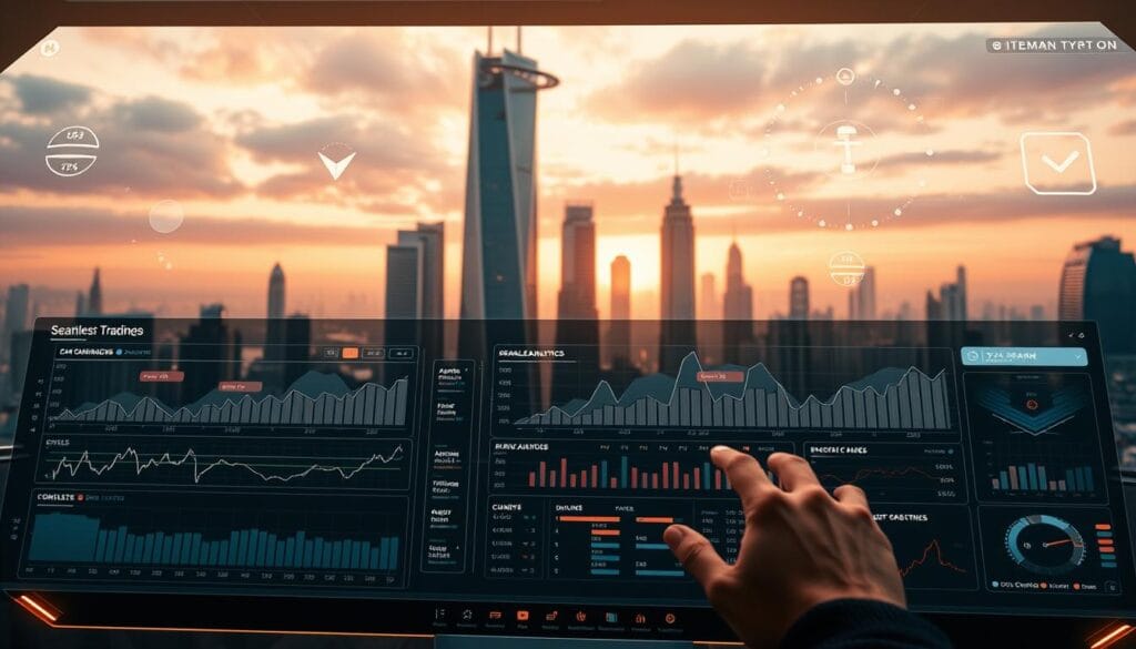 A futuristic and immersive crypto user interface, showcasing a sleek and intuitive dashboard. In the foreground, a user navigates seamless trading charts, portfolio analytics, and real-time market data, all presented through a minimalist, high-contrast design. The middle ground features intuitive controls and toggles, allowing for personalized customization of the experience. In the background, a serene cityscape with skyscrapers and holographic displays creates a sense of technological sophistication. Warm lighting from virtual displays casts a soft glow, evoking a modern, streamlined aesthetic. The overall scene conveys a sense of effortless control and mastery over the complex world of cryptocurrency trading.