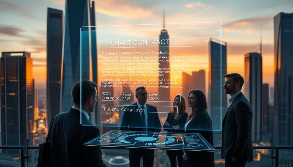 A futuristic cityscape at dusk, with towering skyscrapers and sleek, modern buildings. In the foreground, a holographic display shows a visualization of a smart contract for a real estate transaction, with blockchain-powered ledgers and digital signatures. The middle ground features a group of professionals in business attire, engaged in a discussion, their expressions serious yet hopeful. The background is bathed in a warm, amber glow, reflecting the promise of technological innovation transforming the real estate industry. The overall scene exudes a sense of progress, efficiency, and the integration of advanced digital solutions into the traditionally analog world of property management. A futuristic cityscape at dusk, with towering skyscrapers and sleek, modern buildings. In the foreground, a holographic display shows a visualization of a smart contract for a real estate transaction, with blockchain-powered ledgers and digital signatures. The middle ground features a group of professionals in business attire, engaged in a discussion, their expressions serious yet hopeful. The background is bathed in a warm, amber glow, reflecting the promise of technological innovation transforming the real estate industry. The overall scene exudes a sense of progress, efficiency, and the integration of advanced digital solutions into the traditionally analog world of property management.