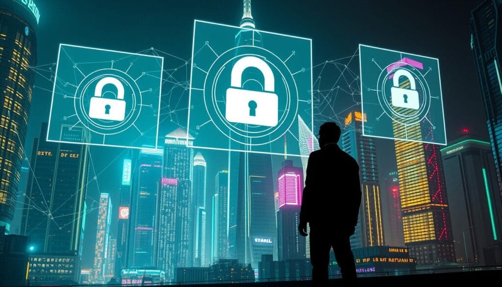 A futuristic cityscape at night, with neon-lit skyscrapers and floating holographic displays showcasing intricate digital copyright legislation. In the foreground, a lone figure stands, silhouetted against the vibrant cityscape, contemplating the complex web of digital intellectual property rights. The scene is illuminated by a soft, ambient glow, creating an atmosphere of uncertainty and contemplation. The camera angle is slightly low, emphasizing the towering presence of the cityscape and the weight of the legislation it represents. The overall mood is one of technological advancement and the challenges it poses for the protection of creative works in the digital age. A futuristic cityscape at night, with neon-lit skyscrapers and floating holographic displays showcasing intricate digital copyright legislation. In the foreground, a lone figure stands, silhouetted against the vibrant cityscape, contemplating the complex web of digital intellectual property rights. The scene is illuminated by a soft, ambient glow, creating an atmosphere of uncertainty and contemplation. The camera angle is slightly low, emphasizing the towering presence of the cityscape and the weight of the legislation it represents. The overall mood is one of technological advancement and the challenges it poses for the protection of creative works in the digital age.