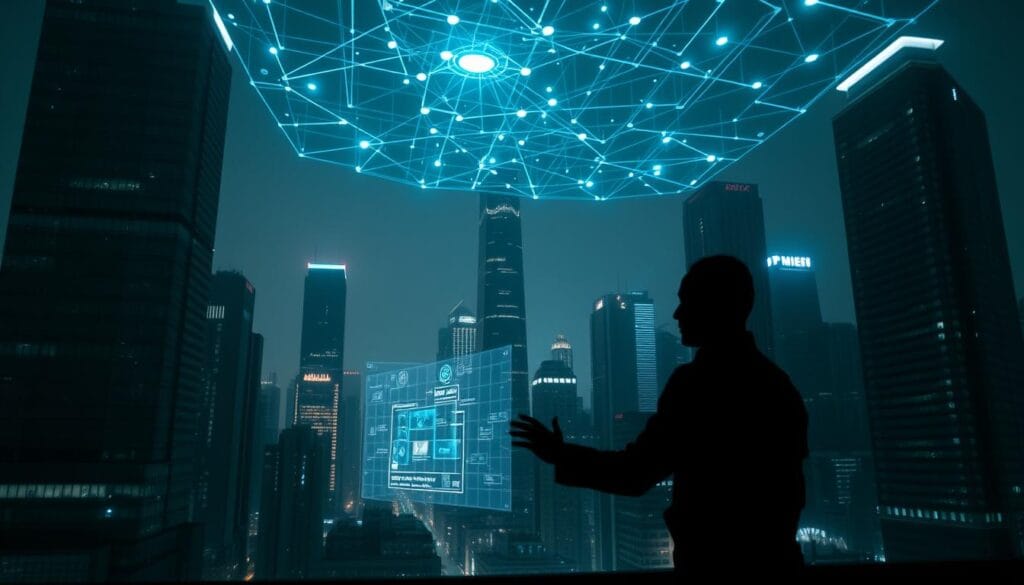 A futuristic cityscape at night, with towering skyscrapers and a glowing holographic data network overhead. In the foreground, a silhouetted figure interacts with a transparent touchscreen display, their movements casting dynamic shadows. Soft neon lights emanate from hidden sources, bathing the scene in an ethereal glow. The buildings are adorned with subtle data visualizations, conveying the constant flow of information. A sense of technological sophistication and data security permeates the environment, creating an atmosphere of modern, digital privacy. A futuristic cityscape at night, with towering skyscrapers and a glowing holographic data network overhead. In the foreground, a silhouetted figure interacts with a transparent touchscreen display, their movements casting dynamic shadows. Soft neon lights emanate from hidden sources, bathing the scene in an ethereal glow. The buildings are adorned with subtle data visualizations, conveying the constant flow of information. A sense of technological sophistication and data security permeates the environment, creating an atmosphere of modern, digital privacy.