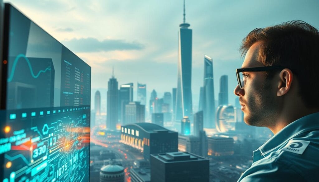 A futuristic cityscape bathed in a soft, aqua-blue glow, with sleek skyscrapers and holographic displays floating in the air. In the foreground, a financial analyst gazes intently at a quantum computer terminal, its intricate circuitry and glowing quantum bits (qubits) reflected in their glasses. The mid-ground features a bustling financial district, where traders and brokers leverage the power of quantum algorithms to execute complex transactions at lightning speed. In the background, a towering quantum research facility stands, its architecture a seamless blend of glass, steel, and advanced computing technology. The scene conveys the integration of quantum computing into the heart of the financial industry, the promise of increased efficiency, and the transformation of the modern financial landscape. A futuristic cityscape bathed in a soft, aqua-blue glow, with sleek skyscrapers and holographic displays floating in the air. In the foreground, a financial analyst gazes intently at a quantum computer terminal, its intricate circuitry and glowing quantum bits (qubits) reflected in their glasses. The mid-ground features a bustling financial district, where traders and brokers leverage the power of quantum algorithms to execute complex transactions at lightning speed. In the background, a towering quantum research facility stands, its architecture a seamless blend of glass, steel, and advanced computing technology. The scene conveys the integration of quantum computing into the heart of the financial industry, the promise of increased efficiency, and the transformation of the modern financial landscape.