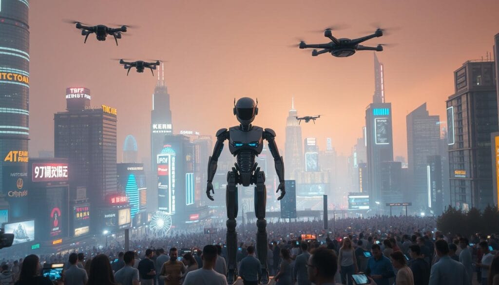 A futuristic cityscape illuminated by the soft glow of holographic displays and neon-lit skyscrapers. In the foreground, a towering android stands proudly, its metallic frame reflecting the vibrant colors of the city. Floating above are sleek drones and autonomous vehicles, showcasing the latest advancements in transportation and logistics. The middle ground is filled with bustling crowds of people interacting with touchscreen interfaces and virtual reality headsets, immersed in the seamless integration of technology and daily life. The background fades into a hazy, dreamlike horizon, hinting at the boundless possibilities of an AI-driven future. Cinematic lighting and a slightly muted color palette create a sense of awe and wonder, inviting the viewer to imagine the transformative potential of emerging technologies. A futuristic cityscape illuminated by the soft glow of holographic displays and neon-lit skyscrapers. In the foreground, a towering android stands proudly, its metallic frame reflecting the vibrant colors of the city. Floating above are sleek drones and autonomous vehicles, showcasing the latest advancements in transportation and logistics. The middle ground is filled with bustling crowds of people interacting with touchscreen interfaces and virtual reality headsets, immersed in the seamless integration of technology and daily life. The background fades into a hazy, dreamlike horizon, hinting at the boundless possibilities of an AI-driven future. Cinematic lighting and a slightly muted color palette create a sense of awe and wonder, inviting the viewer to imagine the transformative potential of emerging technologies.