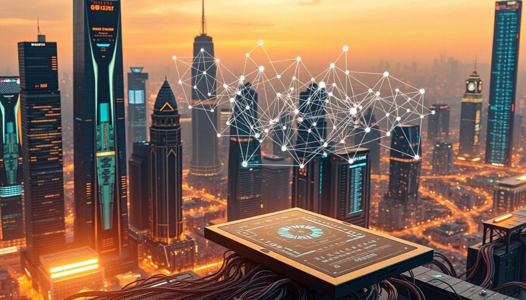 A futuristic cityscape in a warm hue, with towering skyscrapers and a mesmerizing display of data visualizations projected onto their surfaces. In the foreground, a sleek trading terminal with a holographic interface, surrounded by a tangle of colorful wires and circuits. Floating above the terminal, a swarm of algorithms in the form of geometric shapes, pulsing and intertwining, representing the intricate web of AI-driven trading strategies. The scene is illuminated by a soft, golden light, creating a sense of technological sophistication and financial prowess. A futuristic cityscape in a warm hue, with towering skyscrapers and a mesmerizing display of data visualizations projected onto their surfaces. In the foreground, a sleek trading terminal with a holographic interface, surrounded by a tangle of colorful wires and circuits. Floating above the terminal, a swarm of algorithms in the form of geometric shapes, pulsing and intertwining, representing the intricate web of AI-driven trading strategies. The scene is illuminated by a soft, golden light, creating a sense of technological sophistication and financial prowess.