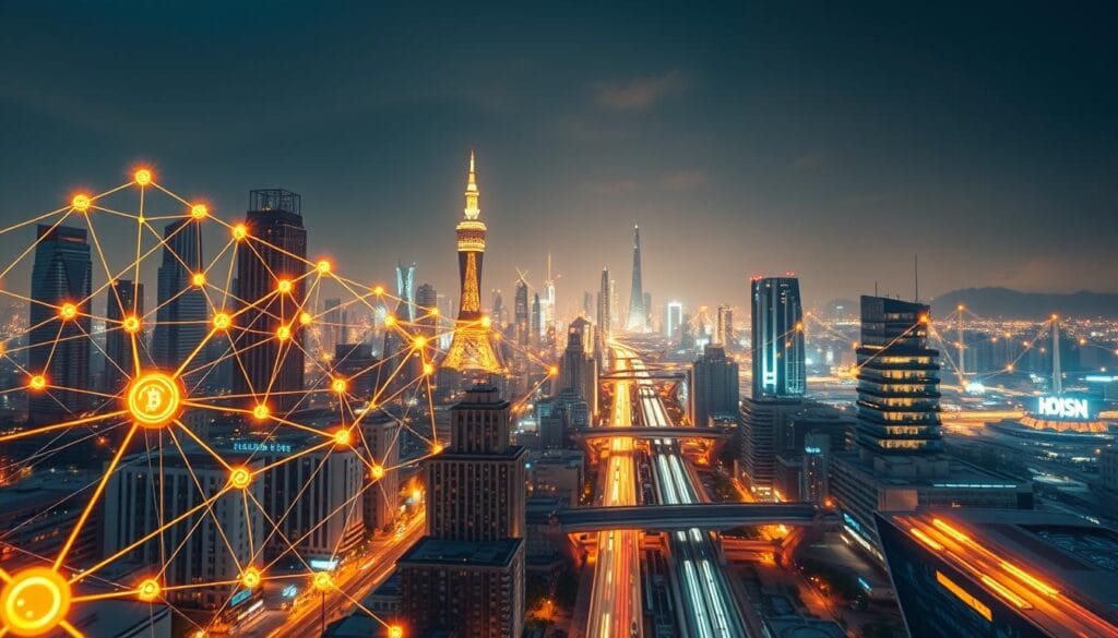 A futuristic cityscape, its skyscrapers and bustling streets illuminated by a warm, golden glow. In the foreground, a series of interconnected blockchain nodes pulsate with digital energy, their intricate network visualized as a mesmerizing lattice of glowing lines and geometric shapes. In the middle ground, financial transactions unfold, represented by flowing streams of data and currency symbols. The background features a panoramic view of the city, with towering buildings and advanced transportation systems, all powered by the secure, decentralized infrastructure of blockchain technology. The scene conveys a sense of innovation, progress, and the seamless integration of finance and emerging tech.