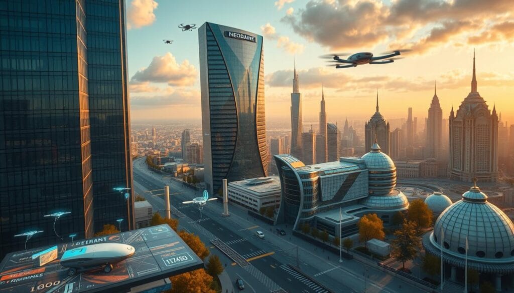 A futuristic cityscape of a neobank headquarters, towering glass skyscrapers with sleek, minimalist designs bathed in warm, golden light. In the foreground, holographic interfaces and touchscreens float in the air, showcasing the latest banking services and technologies. In the middle ground, autonomous hover-taxis and delivery drones zip through the air, while pedestrians interact with immersive augmented reality displays. The background depicts a panoramic view of the city, with gleaming spires and domes of innovative architectural styles, all powered by renewable energy sources. An atmosphere of technological progress, convenience, and seamless financial integration pervades the scene.