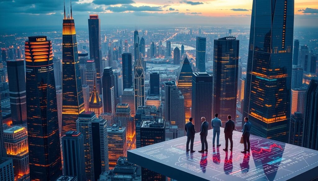 A futuristic cityscape of towering skyscrapers, illuminated by the warm glow of advanced holographic displays. In the foreground, a sleek, angular AI-powered regtech platform interfaces with a complex web of financial data streams, its algorithms sifting through massive volumes of information to identify and mitigate regulatory risks. The middle ground features a diverse array of financial professionals, their faces reflected in the smooth surfaces of the regtech system, collaborating seamlessly with the AI to streamline compliance processes. The background is a panoramic vista of a bustling metropolis, where the integration of next-generation regtech solutions has ushered in a new era of efficiency and innovation in the financial sector.
