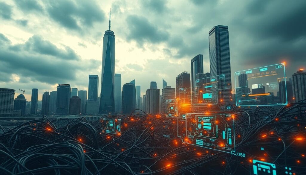 A futuristic cityscape, skyscrapers reaching towards a cloudy sky, their sleek facades reflecting the chaos of digital finance. In the foreground, a labyrinth of tangled cables and circuits, symbolizing the complex infrastructure of embedded finance. Amidst the technological clutter, holographic interfaces flicker with data streams, highlighting the challenges of security, privacy, and regulatory compliance. The scene conveys a sense of both progress and vulnerability, as the seamless integration of finance and technology presents new obstacles to navigate. Warm lighting casts long shadows, evoking the looming uncertainties of this evolving landscape.