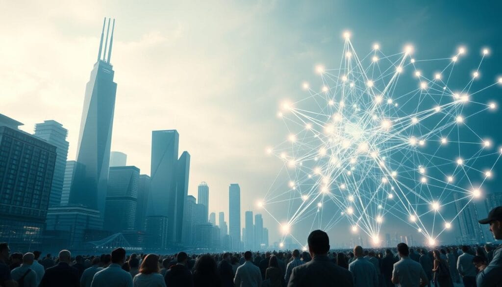 A futuristic cityscape with a modern banking tower on one side and a sleek, angular blockchain network structure on the other. The banking tower is made of glass and steel, rising high above the city, while the blockchain structure is a series of interconnected nodes and hubs, glowing with a warm, ethereal light. In the foreground, a crowd of people stands, some drawn to the banking tower, others gravitating towards the blockchain structure, creating a sense of contrast and choice. The scene is bathed in a cool, blue-tinged lighting, with dramatic shadows and highlights, conveying a sense of technological advancement and the shifting landscapes of finance.