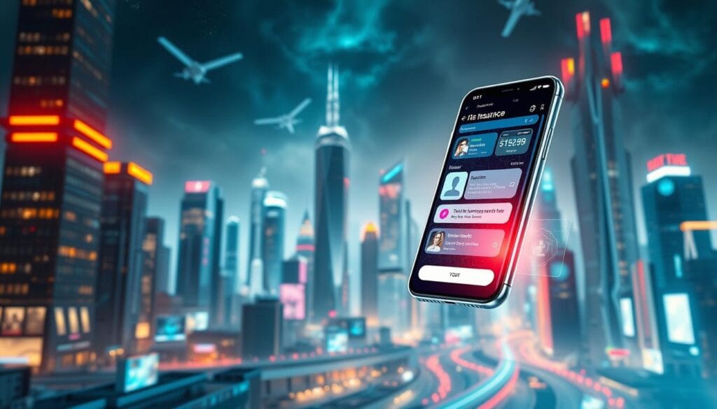A futuristic cityscape with a sleek, modern insurance mobile app interface floating in the foreground, its components and architecture seamlessly integrated. In the middle ground, an array of digital devices and screens showcasing various insurance-related features and functionalities. The background features a vibrant, tech-driven atmosphere with skyscrapers, satellites, and a dynamic, neon-lit skyline. Warm lighting casts a sense of innovation and progress, while a subtle depth of field and cinematic camera angle create a visually compelling and immersive scene.