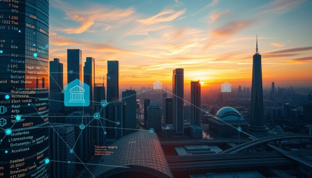 A futuristic cityscape with gleaming skyscrapers against a vibrant, sunset-hued sky. In the foreground, a visual representation of blockchain technology, with digital ledgers and secure transactions depicted in a holographic overlay. The middle ground showcases various assets being tokenized, including real estate, art, and financial instruments, all interconnected through a complex network of digital tokens. The background features a panoramic view of the city, with transportation hubs and infrastructure representing the integration of this revolutionary technology into the broader landscape. The overall scene conveys a sense of technological advancement, financial innovation, and the transformative potential of asset tokenization enabled by blockchain.
