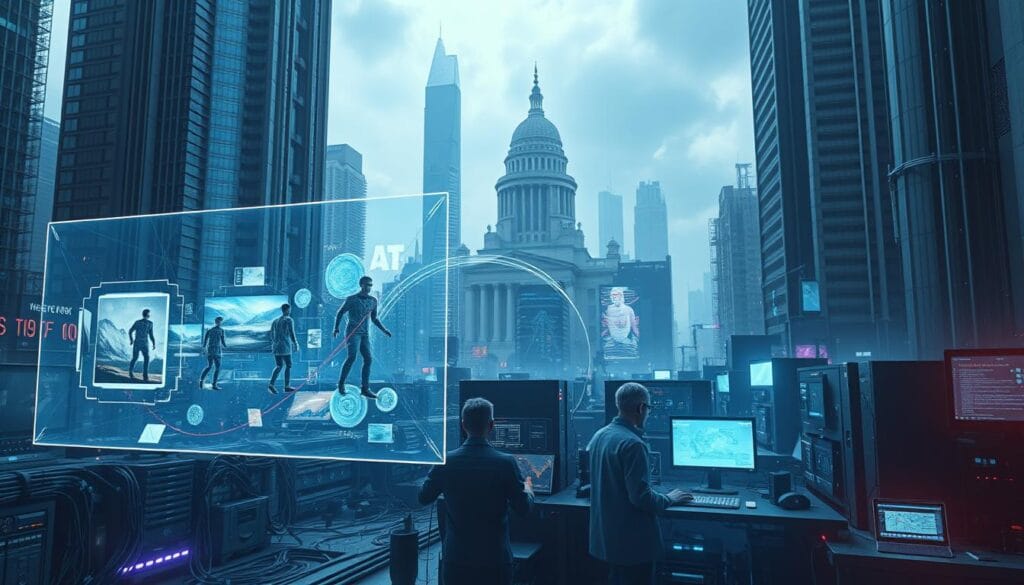 A futuristic cityscape with towering skyscrapers and advanced technology. In the foreground, a holographic display showcases the evolution of AI art, from primitive digital paintings to photorealistic, dynamically generated masterpieces. The middle ground features scientists and engineers collaborating on cutting-edge AI systems, surrounded by a maze of cables, servers, and glowing displays. In the background, a looming government building, hinting at the legal and regulatory challenges posed by the rapid advancements in AI art technology. The scene is bathed in a cool, neon-infused lighting, creating a sense of both awe and unease at the rapid pace of technological change. A futuristic cityscape with towering skyscrapers and advanced technology. In the foreground, a holographic display showcases the evolution of AI art, from primitive digital paintings to photorealistic, dynamically generated masterpieces. The middle ground features scientists and engineers collaborating on cutting-edge AI systems, surrounded by a maze of cables, servers, and glowing displays. In the background, a looming government building, hinting at the legal and regulatory challenges posed by the rapid advancements in AI art technology. The scene is bathed in a cool, neon-infused lighting, creating a sense of both awe and unease at the rapid pace of technological change.