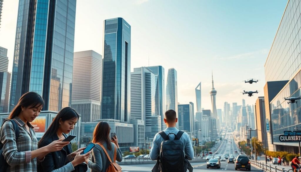 A futuristic cityscape with towering skyscrapers and gleaming glass facades. In the foreground, people are effortlessly making transactions on their smartphones, their movements captured in a dynamic, cinematic style. The midground features bustling city streets with autonomous vehicles and delivery drones, reflecting the seamless integration of blockchain-powered payment systems. The background showcases a stunning skyline, bathed in warm, golden light, symbolizing the prosperity and technological advancements enabled by the success stories of blockchain for payments.