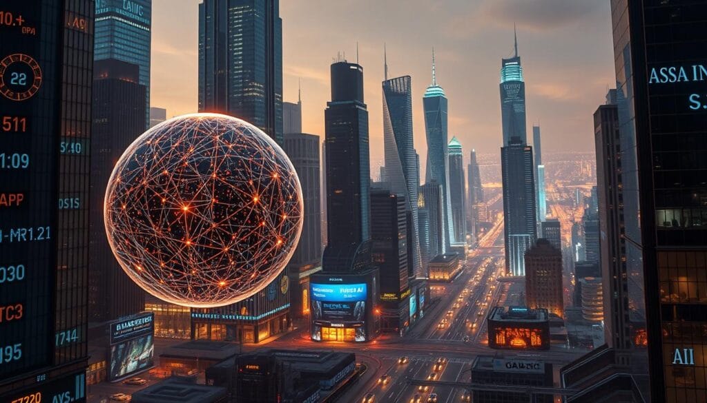 A futuristic cityscape with towering skyscrapers and holographic displays, bathed in a warm glow of ambient lighting. In the foreground, a spherical AI assistant hovers, its surface shimmering with intricate circuitry. Surrounding it, projected data streams dance and intertwine, visualizing complex algorithms and predictive models. In the middle ground, sleek, autonomous vehicles navigate the urban landscape, their movements guided by advanced sensor arrays and neural networks. The background is a panoramic view of the city, with technological innovations blending seamlessly into the architecture, creating a symbiotic, hyper-connected environment. The overall atmosphere conveys a sense of progress, innovation, and the transformative potential of AI-driven technologies.