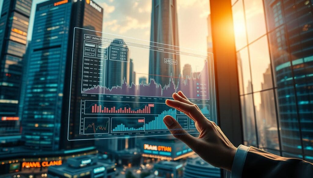 A futuristic cityscape with towering skyscrapers and neon-lit financial hubs, set against a backdrop of a dynamic, data-driven market. In the foreground, a holographic display showcases complex financial charts and algorithms, manipulated by the skilled hands of an AI analyst. Rays of warm light filter through the tall glass windows, casting a sense of productivity and innovation. The overall mood is one of technological sophistication, where artificial intelligence seamlessly integrates with the pulse of the financial markets. A futuristic cityscape with towering skyscrapers and neon-lit financial hubs, set against a backdrop of a dynamic, data-driven market. In the foreground, a holographic display showcases complex financial charts and algorithms, manipulated by the skilled hands of an AI analyst. Rays of warm light filter through the tall glass windows, casting a sense of productivity and innovation. The overall mood is one of technological sophistication, where artificial intelligence seamlessly integrates with the pulse of the financial markets.