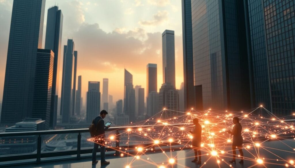 A futuristic cityscape with towering skyscrapers and sleek, modern architecture. In the foreground, a glowing holographic display showcases a 3D model of a blockchain network, with nodes and transactions represented as shimmering polygons. The middle ground features figures interacting with tablet devices, highlighting the practical applications of blockchain technology for asset tokenization. The background is bathed in a warm, diffused light, creating an atmosphere of innovation and progress. The scene is captured with a wide-angle lens, emphasizing the scale and integration of this emerging technology within the urban landscape.