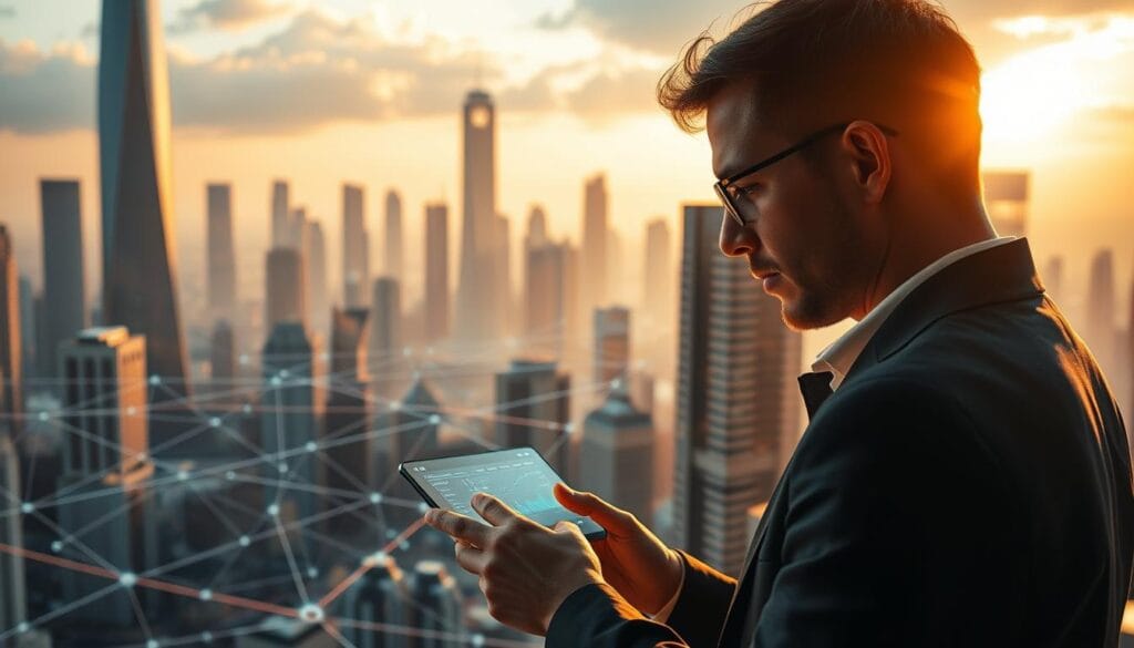 A futuristic cityscape with towering skyscrapers in the background, a network of digital transactions and smart contract flows in the middle ground, and a financial analyst closely examining a holographic display in the foreground. The scene is bathed in a warm, golden light, conveying a sense of technological advancement and financial prosperity. The lighting is soft and directional, creating dramatic shadows and highlights that accentuate the sleek, modern architecture and the intricate digital interfaces. The camera angle is slightly elevated, providing a panoramic view of the dynamic financial hub. A futuristic cityscape with towering skyscrapers in the background, a network of digital transactions and smart contract flows in the middle ground, and a financial analyst closely examining a holographic display in the foreground. The scene is bathed in a warm, golden light, conveying a sense of technological advancement and financial prosperity. The lighting is soft and directional, creating dramatic shadows and highlights that accentuate the sleek, modern architecture and the intricate digital interfaces. The camera angle is slightly elevated, providing a panoramic view of the dynamic financial hub.