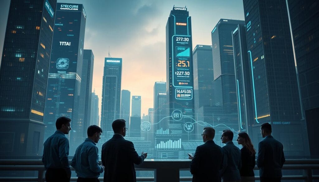 A futuristic cityscape with towering skyscrapers in the background, their facades adorned with holographic displays showcasing blockchain-powered financial transactions. In the foreground, a team of blockchain consultants gather around a sleek, floating interface, analyzing complex data visualizations and coordinating the development of a secure, lightning-fast payment system. Soft, ambient lighting illuminates the scene, creating an atmosphere of innovation and technological progress.