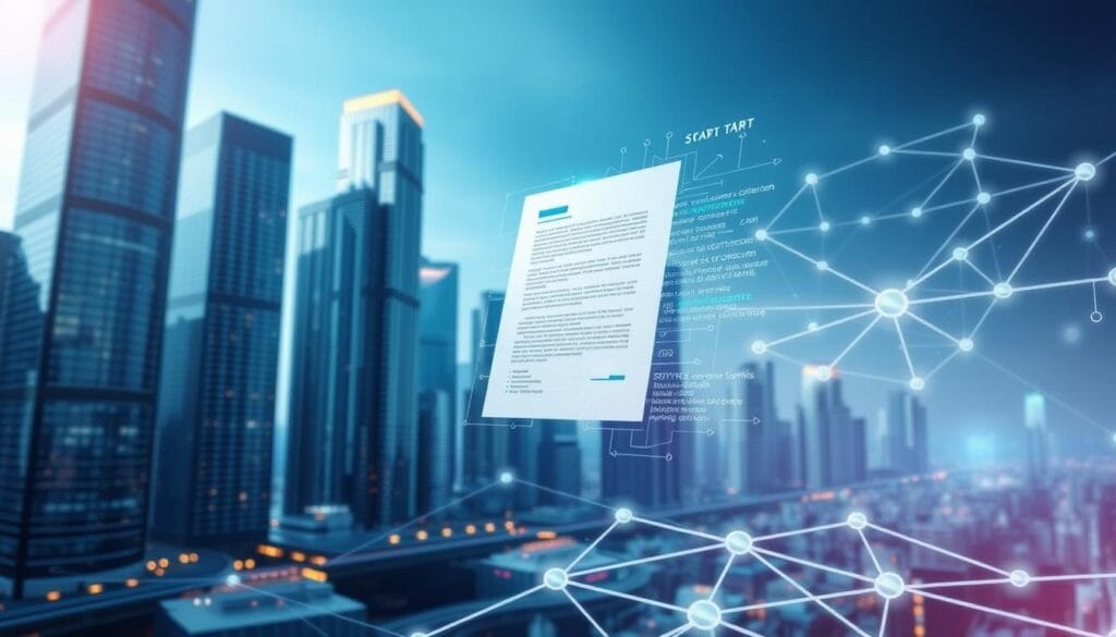 A futuristic cityscape with towering skyscrapers made of gleaming glass and steel, symbolizing the advanced technology of blockchain. In the foreground, a close-up of a smart contract represented by a digital document floating in mid-air, surrounded by a flurry of cryptographic data streams and digital signatures. The middle ground features a network of interconnected nodes, visualizing the decentralized nature of the blockchain. The background is bathed in a cool, blue-tinted light, evoking a sense of innovation and progress. The entire scene is infused with a sleek, sophisticated aesthetic, reflecting the cutting-edge nature of decentralized finance. A futuristic cityscape with towering skyscrapers made of gleaming glass and steel, symbolizing the advanced technology of blockchain. In the foreground, a close-up of a smart contract represented by a digital document floating in mid-air, surrounded by a flurry of cryptographic data streams and digital signatures. The middle ground features a network of interconnected nodes, visualizing the decentralized nature of the blockchain. The background is bathed in a cool, blue-tinted light, evoking a sense of innovation and progress. The entire scene is infused with a sleek, sophisticated aesthetic, reflecting the cutting-edge nature of decentralized finance.