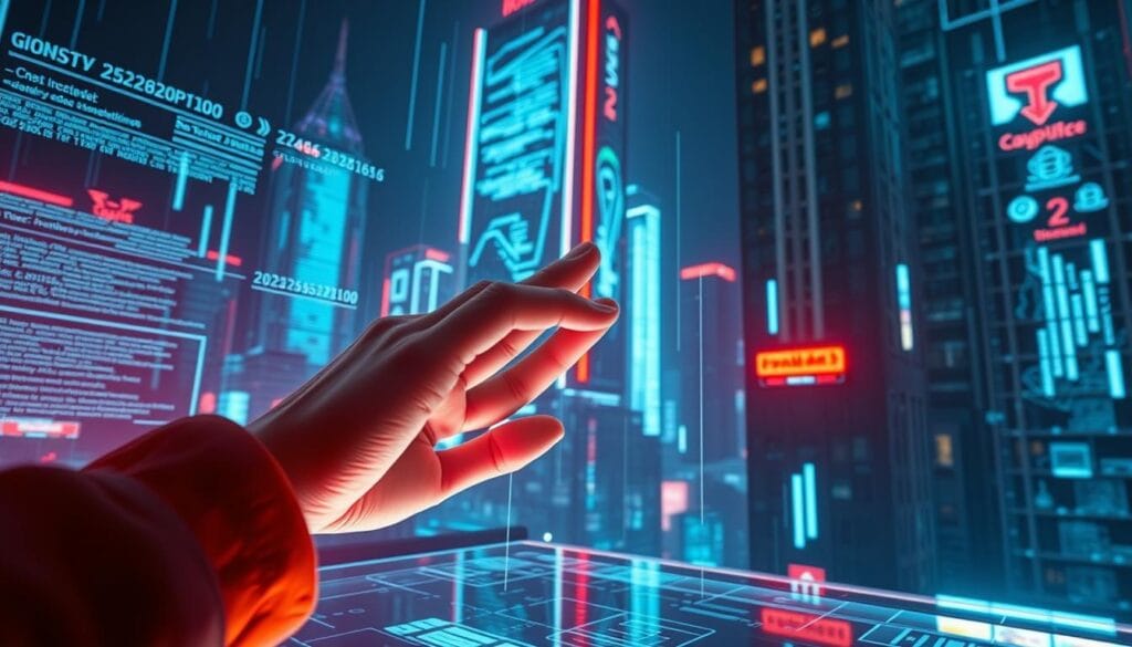 A futuristic cyberpunk scene depicting the secure protocols of voice-activated financial transactions. In the foreground, a disembodied hand hovers over a tactile holographic interface, fingers gliding through biometric security screens. In the middle ground, intricate lines of code and data visualizations cascade across translucent displays, representing the encryption and validation of the voice-based payment. The background features a cityscape of towering neon-lit skyscrapers, their facades adorned with holographic signage, conveying a sense of an advanced, hyper-connected financial ecosystem. Dramatic lighting casts dramatic shadows, with cool blue tones complementing the warm orange hues, creating an atmospheric and immersive vision of voice-driven payment security. A futuristic cyberpunk scene depicting the secure protocols of voice-activated financial transactions. In the foreground, a disembodied hand hovers over a tactile holographic interface, fingers gliding through biometric security screens. In the middle ground, intricate lines of code and data visualizations cascade across translucent displays, representing the encryption and validation of the voice-based payment. The background features a cityscape of towering neon-lit skyscrapers, their facades adorned with holographic signage, conveying a sense of an advanced, hyper-connected financial ecosystem. Dramatic lighting casts dramatic shadows, with cool blue tones complementing the warm orange hues, creating an atmospheric and immersive vision of voice-driven payment security.