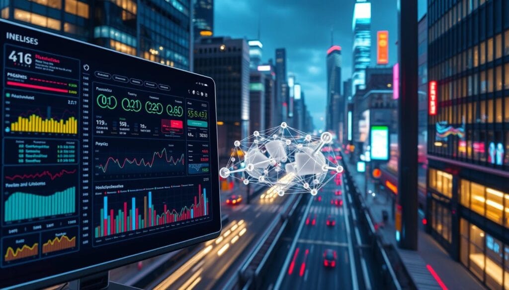 A futuristic data analysis dashboard showcasing intricate AI-powered transaction categorization. In the foreground, a sleek interface displays granular insights, color-coded transaction data, and predictive analytics. The middle ground features a 3D visualization of neural networks, algorithms, and data flows. In the background, a cityscape of skyscrapers and neon-lit streets creates an air of urban sophistication. Vibrant colors, dynamic camera angles, and a seamless blend of technology and design elements convey the power of AI to streamline expense tracking and financial management. A futuristic data analysis dashboard showcasing intricate AI-powered transaction categorization. In the foreground, a sleek interface displays granular insights, color-coded transaction data, and predictive analytics. The middle ground features a 3D visualization of neural networks, algorithms, and data flows. In the background, a cityscape of skyscrapers and neon-lit streets creates an air of urban sophistication. Vibrant colors, dynamic camera angles, and a seamless blend of technology and design elements convey the power of AI to streamline expense tracking and financial management.