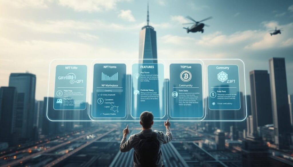 A futuristic digital asset platform selection interface floats against a sleek, minimalist background. In the foreground, holographic displays showcase various NFT marketplace options, each with their own distinct visual identity and feature sets. The middle ground depicts a user navigating the interfaces with fluid hand gestures, exploring the platforms' functionality and community. In the background, a cityscape of gleaming skyscrapers and hovering vehicles sets the scene, conveying a sense of advanced technology and innovation. Dramatic lighting casts dramatic shadows, creating an atmosphere of power and dynamism. The overall image evokes a sense of informed decision-making in the rapidly evolving world of digital assets. A futuristic digital asset platform selection interface floats against a sleek, minimalist background. In the foreground, holographic displays showcase various NFT marketplace options, each with their own distinct visual identity and feature sets. The middle ground depicts a user navigating the interfaces with fluid hand gestures, exploring the platforms' functionality and community. In the background, a cityscape of gleaming skyscrapers and hovering vehicles sets the scene, conveying a sense of advanced technology and innovation. Dramatic lighting casts dramatic shadows, creating an atmosphere of power and dynamism. The overall image evokes a sense of informed decision-making in the rapidly evolving world of digital assets.
