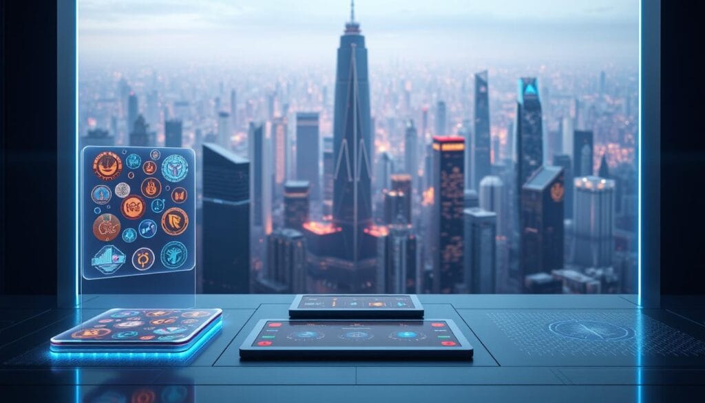 A futuristic digital asset platform set against a sleek, minimalist backdrop. In the foreground, a trio of holographic displays showcase various NFT collections, their vibrant colors and intricate designs shimmering with life. The middle ground features a stylized control panel, its touch-sensitive interface allowing users to seamlessly navigate the platform's features. In the background, a vast expanse of gleaming, high-rise towers symbolizes the platform's global reach and technological sophistication. Soft, diffused lighting creates an atmosphere of innovation and cutting-edge sophistication, while a subtle blue-tinted hue lends an air of digital elegance to the entire scene. A futuristic digital asset platform set against a sleek, minimalist backdrop. In the foreground, a trio of holographic displays showcase various NFT collections, their vibrant colors and intricate designs shimmering with life. The middle ground features a stylized control panel, its touch-sensitive interface allowing users to seamlessly navigate the platform's features. In the background, a vast expanse of gleaming, high-rise towers symbolizes the platform's global reach and technological sophistication. Soft, diffused lighting creates an atmosphere of innovation and cutting-edge sophistication, while a subtle blue-tinted hue lends an air of digital elegance to the entire scene.