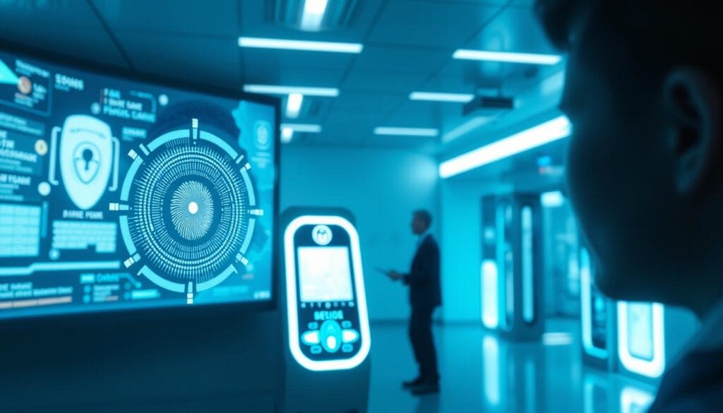 A futuristic digital identity verification scene with a sleek, minimalist aesthetic. In the foreground, a biometric iris scanner scans a person's eye against a backdrop of glowing data interfaces and holographic displays. The middle ground features a secure payment terminal with fingerprint authentication technology. In the background, a seamless virtual security checkpoint with facial recognition cameras and dynamic access control systems. Soft blue and white lighting creates a clean, high-tech ambiance, while the overall composition conveys a sense of efficiency, safety and technological advancement in the realm of digital identity verification.