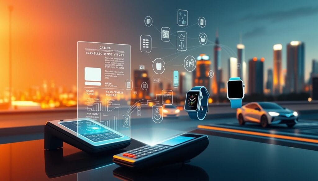 A futuristic evolution of contactless payments, showcasing a progression from traditional cards to seamless digital transactions. In the foreground, a sleek, minimalist card reader interfaces with a holographic projection of transaction data. The middle ground features a diverse range of contactless devices, from smartwatches to implanted RFID chips, all connected in a web of seamless exchange. The background depicts a cityscape, with skyscrapers and autonomous vehicles, reflecting the integrated, ubiquitous nature of this advanced payment ecosystem. Illuminated by a warm, techno-futuristic glow, the scene conveys a sense of effortless convenience and the steady march of progress in the world of digital finance. A futuristic evolution of contactless payments, showcasing a progression from traditional cards to seamless digital transactions. In the foreground, a sleek, minimalist card reader interfaces with a holographic projection of transaction data. The middle ground features a diverse range of contactless devices, from smartwatches to implanted RFID chips, all connected in a web of seamless exchange. The background depicts a cityscape, with skyscrapers and autonomous vehicles, reflecting the integrated, ubiquitous nature of this advanced payment ecosystem. Illuminated by a warm, techno-futuristic glow, the scene conveys a sense of effortless convenience and the steady march of progress in the world of digital finance.