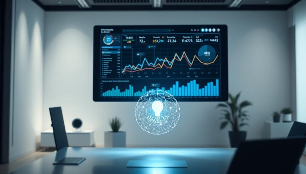 A futuristic financial dashboard hovers in a sleek, minimalist workspace. Holographic data visualizations dance across the screen, forecasting market trends with uncanny precision. In the foreground, an AI assistant in the form of a disembodied orb projects insights, its soft glow illuminating the scene. The background fades into a clean, chrome-accented environment, hinting at the power of advanced algorithms to navigate the complex world of finance. Dramatic lighting casts dramatic shadows, conveying the gravity and importance of accurate, AI-driven financial forecasting. An atmosphere of innovation and technological prowess permeates the image.