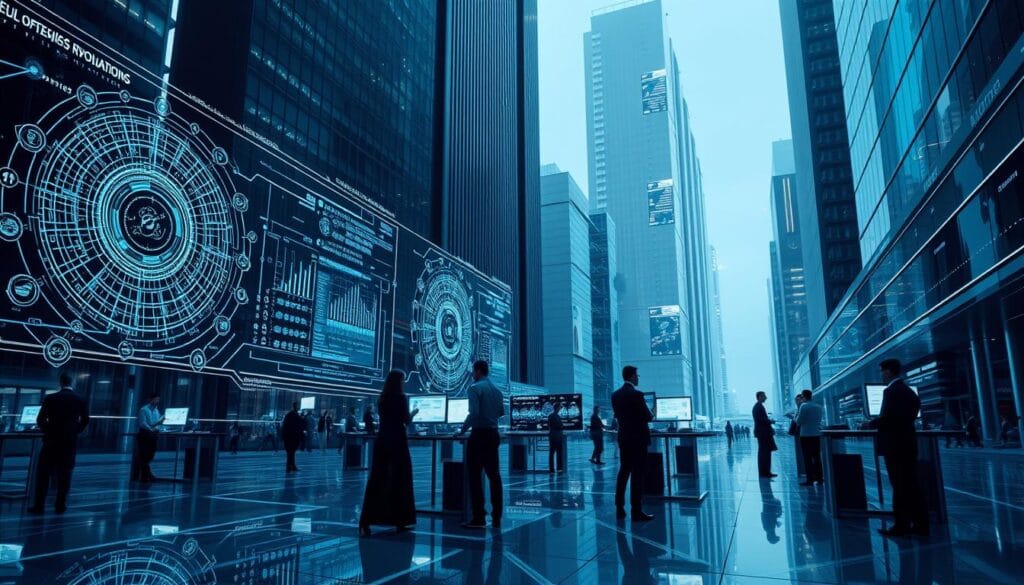 A futuristic financial district with high-rise buildings and sleek, modern architecture. In the foreground, a series of interconnected digital interfaces and holographic displays showcase complex regulatory frameworks and compliance monitoring systems. The middle ground features professionals in business attire collaborating at standing desks, their screens illuminating the scene with an array of data visualizations and analytical tools. The background is bathed in a cool, blue-tinted lighting, conveying a sense of precision, efficiency, and technological innovation. The overall atmosphere evokes a harmonious blend of human expertise and cutting-edge regtech solutions, streamlining the financial sector's regulatory compliance.