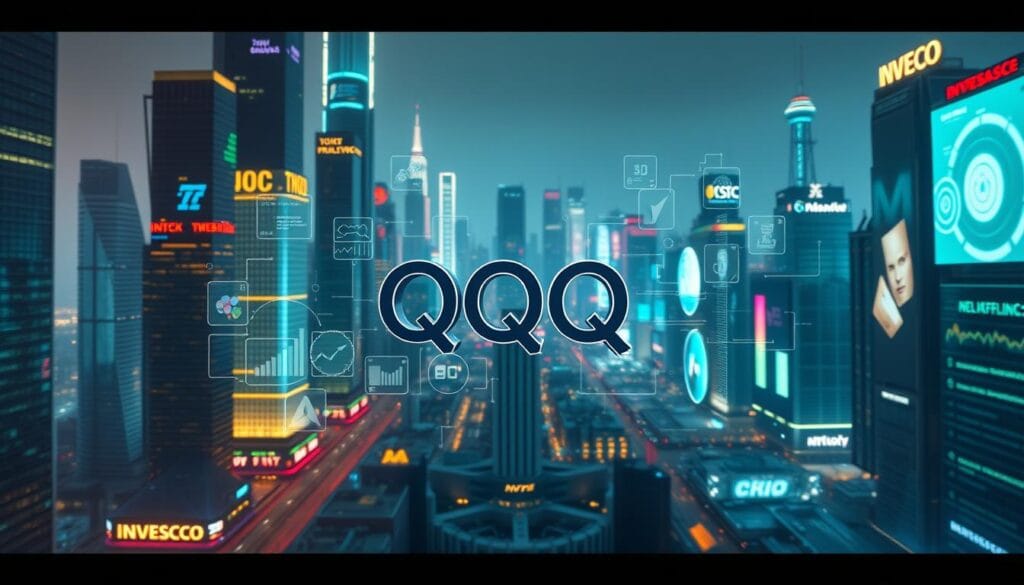 A futuristic, high-tech depiction of the Invesco QQQ Trust ETF, set against a sleek, modernist cityscape with towering skyscrapers and a vibrant, neon-lit atmosphere. In the foreground, a holographic visualization of the ETF's holdings, with data streams and analytics panels floating in the air. The middle ground features a sleek, metallic QQQ logo, flanked by abstract shapes and geometric patterns that evoke the dynamism of the tech-heavy portfolio. The background showcases a sprawling metropolis, bathed in the glow of neon lights and holographic billboards, conveying a sense of innovation, progress, and the promise of long-term growth for investors. A futuristic, high-tech depiction of the Invesco QQQ Trust ETF, set against a sleek, modernist cityscape with towering skyscrapers and a vibrant, neon-lit atmosphere. In the foreground, a holographic visualization of the ETF's holdings, with data streams and analytics panels floating in the air. The middle ground features a sleek, metallic QQQ logo, flanked by abstract shapes and geometric patterns that evoke the dynamism of the tech-heavy portfolio. The background showcases a sprawling metropolis, bathed in the glow of neon lights and holographic billboards, conveying a sense of innovation, progress, and the promise of long-term growth for investors.