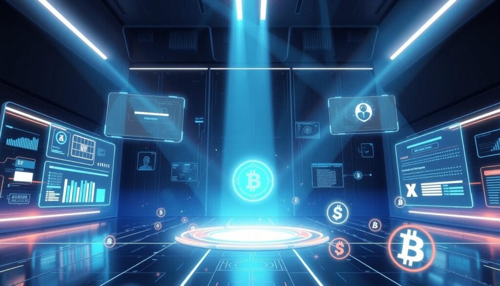 A futuristic, high-tech illustration showcasing the integration of blockchain payment solutions. Set in a sleek, minimalist environment, the scene features holographic displays and glowing interfaces that seamlessly connect digital wallets, transaction logs, and encrypted payment gateways. Beams of light crisscross the frame, suggesting the flow of secure, instantaneous transactions. In the foreground, virtual currency symbols and blockchain icons hover, representing the core technologies powering these innovative payment systems. The overall impression is one of streamlined efficiency, advanced security, and a glimpse into the cutting-edge financial landscape of the future.