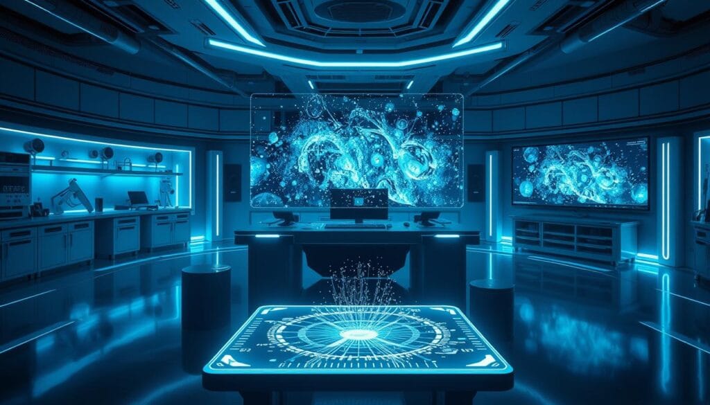A futuristic, high-tech laboratory with a central work desk showcasing a DALL-E 3 interface. The desk is illuminated by cool, blue-tinted lighting, casting an eerie glow on the surrounding environment. In the foreground, a floating holographic display depicts the image generation process, with digital particles swirling and converging to form the final image. The background features a wall-sized screen displaying the same image generation sequence, creating a sense of depth and immersion. The overall atmosphere is one of scientific innovation and technological advancement, reflecting the power and potential of the DALL-E 3 system.