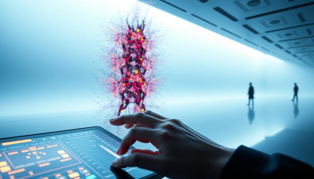 A futuristic, high-tech scene depicting the AI art generation process. In the foreground, a digital artist's hand manipulates a glowing interface, controlling the intricate parameters of the AI model. In the middle ground, a towering neural network visualization pulses with colorful, abstract patterns, representing the generative algorithms at work. The background is a sleek, minimalist environment bathed in cool, azure lighting, conveying a sense of scientific precision and technological advancement. The overall mood is one of wonder and discovery, capturing the innovative spirit of AI-driven creative expression. A futuristic, high-tech scene depicting the AI art generation process. In the foreground, a digital artist's hand manipulates a glowing interface, controlling the intricate parameters of the AI model. In the middle ground, a towering neural network visualization pulses with colorful, abstract patterns, representing the generative algorithms at work. The background is a sleek, minimalist environment bathed in cool, azure lighting, conveying a sense of scientific precision and technological advancement. The overall mood is one of wonder and discovery, capturing the innovative spirit of AI-driven creative expression.