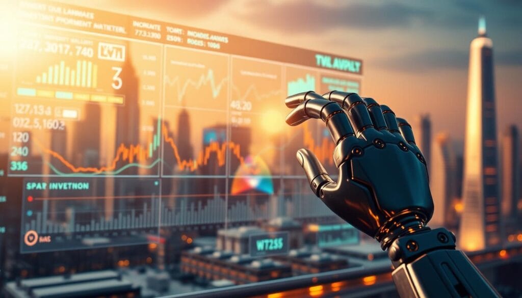 A futuristic interface displays dynamic financial charts and graphs, illuminated by a warm, ambient glow. In the foreground, a sleek, metallic robotic hand manipulates the data, analyzing patterns and trends with precision. The background features a stylized cityscape, with skyscrapers and infrastructure reflecting the integration of AI technology into the world of investment management. Soft, directional lighting highlights the interplay between human and machine, creating a sense of harmony and efficiency in the pursuit of superior investment returns. A futuristic interface displays dynamic financial charts and graphs, illuminated by a warm, ambient glow. In the foreground, a sleek, metallic robotic hand manipulates the data, analyzing patterns and trends with precision. The background features a stylized cityscape, with skyscrapers and infrastructure reflecting the integration of AI technology into the world of investment management. Soft, directional lighting highlights the interplay between human and machine, creating a sense of harmony and efficiency in the pursuit of superior investment returns.