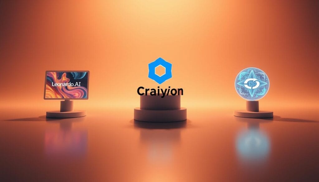 A futuristic, minimalist scene showcasing three distinct AI image generator tools - Leonardo.AI, Craiyon, and Stable Diffusion. In the foreground, sleek holographic interfaces display vibrant, abstract artworks. The middle ground features the generator logos hovering above a smooth, reflective surface, casting dynamic shadows. The background is a serene, gradient-filled void, bathed in a warm, diffused lighting that creates a sense of depth and atmosphere. The overall composition conveys a harmony of advanced technology, creative potential, and a visually captivating aesthetic.
