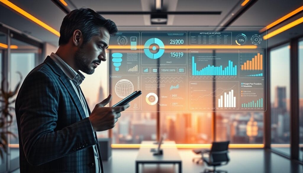 A futuristic office interior with a large holographic display showcasing various budget planning tools and AI-driven analytics. In the foreground, a professional finance executive examines intricate financial data visualizations, their expression one of deep contemplation. Warm, indirect lighting casts a soft glow, creating an atmosphere of cutting-edge technology and strategic decision-making. The middle ground features a sleek, minimalist workspace with ergonomic furniture and subtle technological accents. The background reveals a panoramic city skyline, hinting at the broader context in which these advanced budgeting methods are employed.